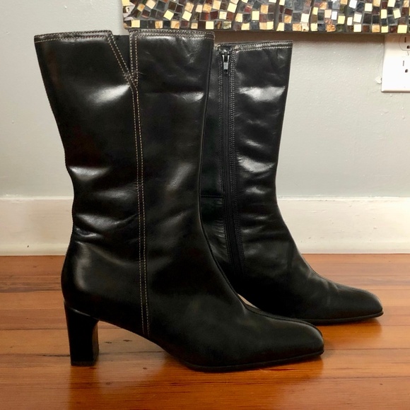 Ecco Shoes - Ecco Black Leather Square Toe Calf Boots Size 9